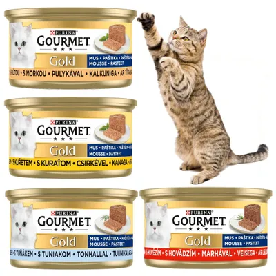 Produktbild von Purina Gourmet Gold Nassfutter für Katzen Mousse von Pute Huhn Rind und Thunfisch 48x85g