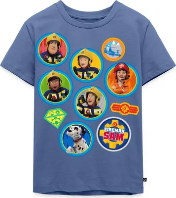 Produktbild von Spreadshirt Feuerwehrmann Sam™ Patch-Design Vom Ganzen Team Kinder Premium T-Shirt, 110/116 (4 Jahre), Taubenblau