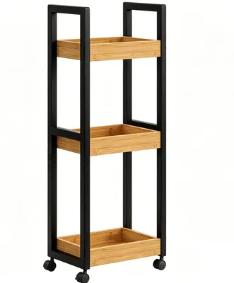 Obrázok produktu pre Kúpeľňový vozík – regálový vozík na odkladanie – bambus s kovovým rámom – s kolieskami – úsporný dizajn, 20x30x80 cm – čierna farba