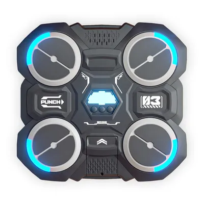 A top-down view of a black and gray boxing training machine with blue LED lights and a digital display.