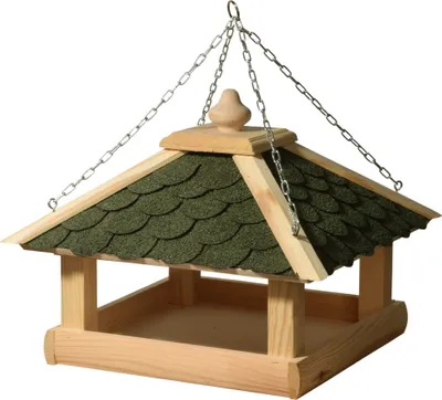 Produktbild von Traditionelles Vogelfutterhaus, Vogelhaus mit Bitumenschindel-Dach, 39 x 39 x 30 cm, Kiefer, Grün