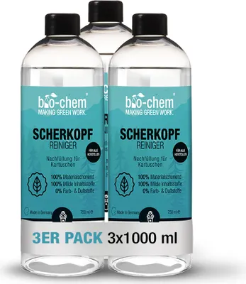 Produktbild von bio-chem Scherkopfreiniger Nachfüllflüssigkeit für Reinigungs-Kartuschen von Rasierer/Rasierapparat/Elektrorasierer/Bart-Trimmer von Braun und aller anderen Marken - 3x 750 ml