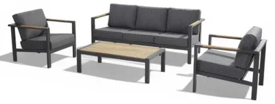 Immagine prodotto di Salotto da giardino in alluminio antracite 2 poltrone 1 tavolino e 1 divano con cuscini Croba
