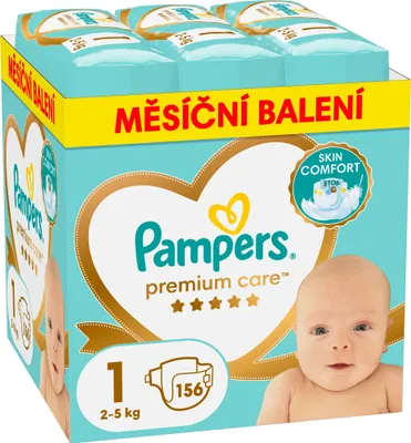 A box of Pampers Premium Care diapers, featuring a baby's face and product details.