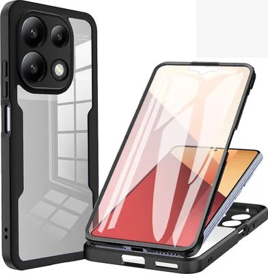 A black and transparent phone case is shown, with a phone inside a protective case displayed diagonally.