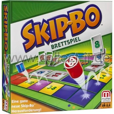 The image shows the front of a Skip-Bo board game box, with game cards and game pieces depicted on the front.