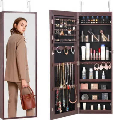 Zdjęcie produktu dla Szafka na biżuterię z lustrem - 108 cm do montażu na ścianie - Przechowywanie biżuterii w kolorze brązowym - Elegancki organizer na biżuterię do domu