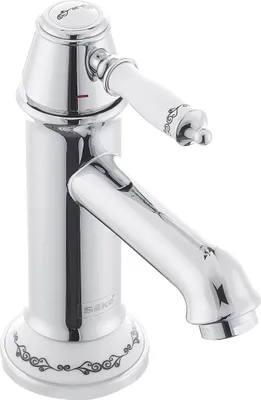 A close-up studio shot of a chrome faucet with a white handle.
