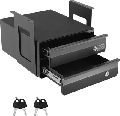 A black metal under-desk drawer unit with two pull-out drawers and two keys.