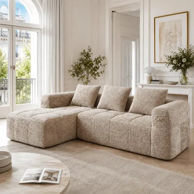 Produktbild von Ecksofa L-Form Chenille Sofa 3-Sitzer Couch ohne Montage Modulares Sektionssofa mit Chaiselongue 3 Kissen Seitentaschen Wohnzimmercouch Khaki