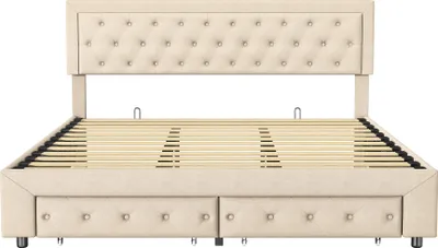 Produktbild von Fortuna Lai Polsterbett 180x200cm, Doppelbett mit Schublade, Hydraulisches Boxspringbett mit Lattenrost, Stauraumbett Massivholzbett Samt, Beige