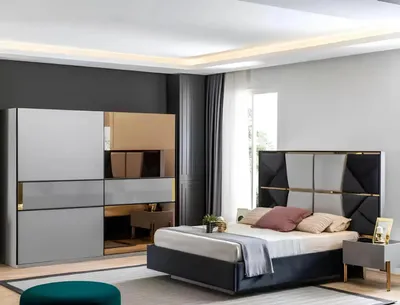 Produktbild von Blau Grau Schlafzimmer Set Bett Kommode Spiegel Kleiderschrank Luxus 6tlg.