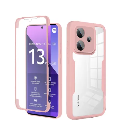 A pink phone case with a transparent back and a pink frame is shown next to a smartphone.