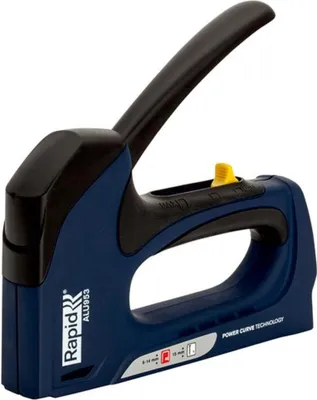 A studio shot of a blue and black stapler.