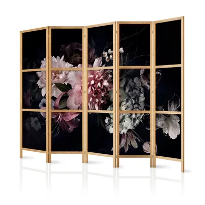 Image de Paravent Fleurs XXL 225 x 171 cm 5 panneaux simple face élégant brise-vue séparateur de pièce cloison de séparation motif décoratif bois design bureau à domicile botanique nature rétro b-B-0620-bh-a