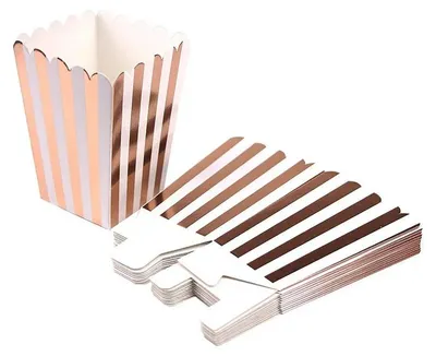 Image de Petits sacs de pop-corn - Paquet de 12 - Rayures dorées rosé - Papier kraft - Pliables - Halloween - Soirée cinéma