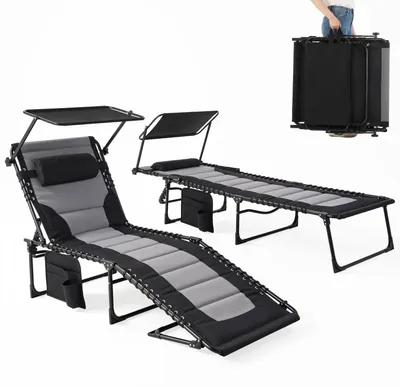 Zdjęcie produktu dla Leżak ogrodowy - Zestaw 2 składanych leżaków z poduszkami - 200x68x35 cm - Regulowane oparcie - Z daszkiem przeciwsłonecznym - Metalowa rama - Maksymalne obciążenie: 150 kg
