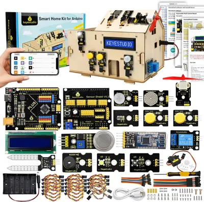 Productafbeelding van Keyestudio Smart Home Kit, complete starterset, compatibel met Arduino IoT, inclusief een UN0 R3 microcontroller-bord voor het bouwen van elektronische projecten