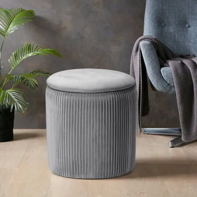 Produktbild von Livingandhome Runder Polsterhocker mit Stauraum & Zierfalten – 3-in-1: Sitz, Fußhocker, Aufbewahrung