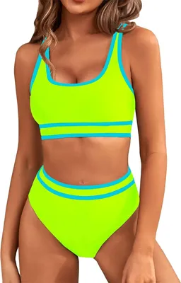 Produktbild von ASKSA Damen Bikini Set y Push Up Badeanzug Zweiteilige Tankini Bademode Swimsuit, Fluoreszierendes Gelb, Groesse: M