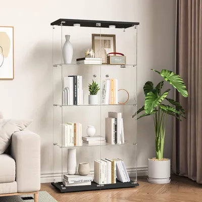 Produktbild von Fortuna Lai Glasvitrine Standvitrine,4 Lagen Glas Vitrine Vitrinenschrank,2 Türen,LED Lampe Und Schloss mit Spiegelrückwand Glasvitrine Stehend,Wohnzimmerschrank für Sammlerstücke und Bücher