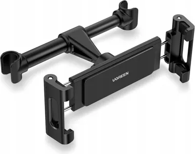 A black car headrest mount for a smartphone or tablet.