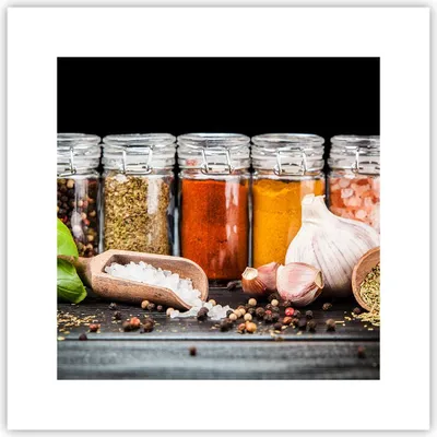 Produktbild von Poster - Poster ohne Rahmen - Gewürze Knoblauch Holz Salz - 30x30 cm - Wand Bild - Wanddeko - Wandbilder - Kunstposter - Wandposter - Bilder - Kunstdruck - Wanddekoration - Wandbild - P2XAC30x30-2896