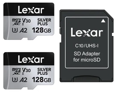 Produktbild von Lexar Silver Plus MicroSDXC-Karte 128 GB, 2er-Pack, UHS-I, A2, U3, V30, 205 MB/s, mit SD-Adapter LMSSIPL128G-B2ANG