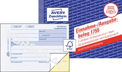 Produktbild von Avery Zweckform 1755, Einnahme-/Ausgabebeleg, A6 quer, selbstdurchschreibend, 2x40 Blatt