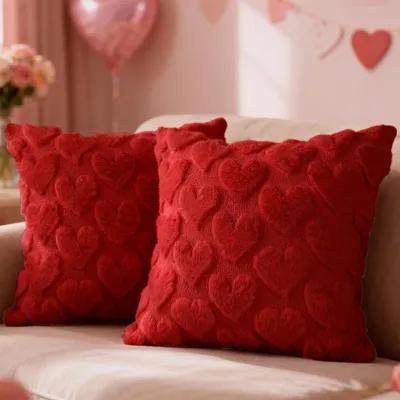 Kissenbezug 50x50 cm, 2 Stück, rot, Plüsch, Herz-Motiv, für Sofa