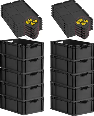 Produktbild von SparSet 10x Eurobox NextGen Grip mit Auflagedeckel inkl. 4 gelben Schiebeschnappverschlüssen | HxBxT 22x40x60cm | 44 Liter | Schwarz | Griffe offen | Verstärkter Boden | Eurobehälter, Transportbox, Transportbehälter, Stapelbehälter