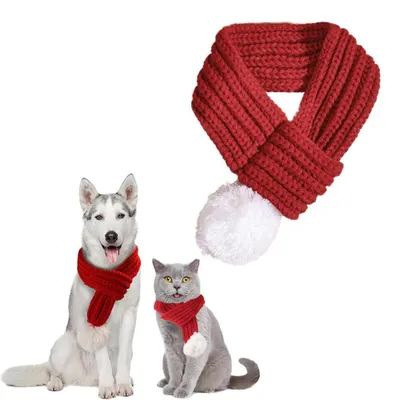 Produktbild von Weihnachtsschal für Hunde und Katzen – 70 cm – Hundeschal mit Bommel – Katzenhalstuch – Weihnachtsoutfit – Hundebekleidung – Winteraccessoire – Rot
