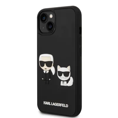 A black iPhone case with 3D rubber figures of Karl Lagerfeld and a cat on it, with the brand name at the bottom.