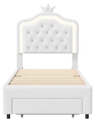 Productafbeelding van Kinderbed - Meisjesbed met LED-kroon - 90 x 200 cm - Met opbergruimte - Gevoerd hoofdeinde van Polyurethanmateriaal - Zonder matras - Wit