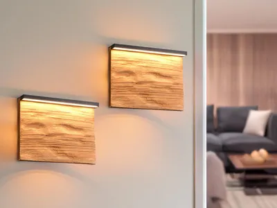 Produktbild von 2er Set kleine LED Wandleuchten flach Holz dimmbar indirektes Licht, Breite 20cm