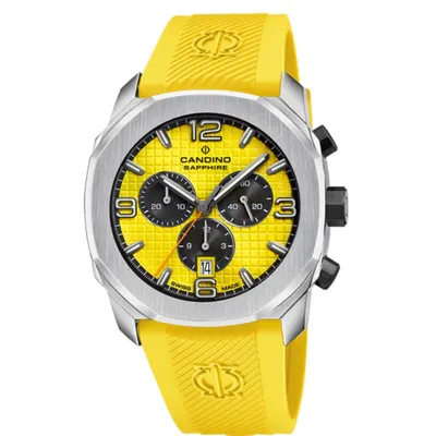 A studio shot of a men's wristwatch with a yellow dial and strap.