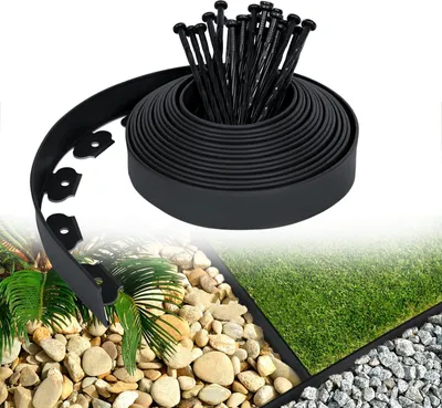 A roll of black flexible landscape edging with stakes, shown against a background collage of garden elements like rocks, plants, and grass.