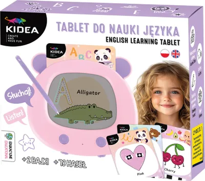 The image shows the packaging of a pink English learning tablet for children, featuring a young girl, illustrations of animals, and text in Polish and English.