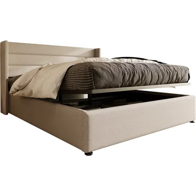 Produktbild von okwish Polsterbett Hydraulisch Doppelbett Stauraumbett 140x200cm, Lattenrost aus Holz, Bett mit Lattenrost aus Metallrahmen, Leinen, Beige