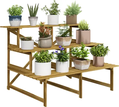 A multi-tiered wooden plant stand filled with various potted plants.