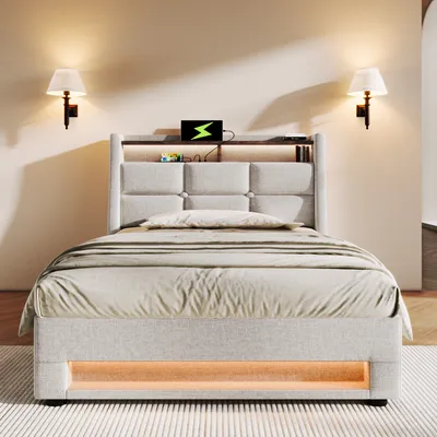 Produktbild von Flieks Polsterbett 90x200cm mit USB, Jugendbett Einzelbett mit Lattenrost und Stauraum, Stauraumbett mit LED, Leinen, Beige