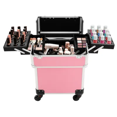 Produktbild von Schminkkoffer mit Schlüsseln Kosmetik-Organizer Make-up-Reiseetui Kosmetikwagen (Rosa)