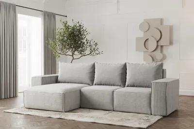 Produktbild von Ecksofa Designersofa ESTELLE in Stoff Poso Hellgrau Ottomane Links