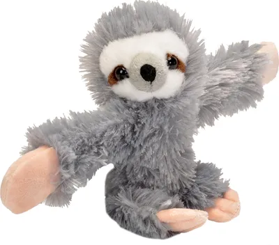 A plush toy sloth is shown against a white background.