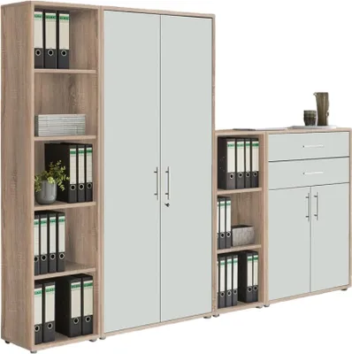 Produktbild von Aktenschrank TABOR 22 in Eiche Sonoma / weiß matt, Schrankwand, Büroschrank, abschließbar, Metallgriffe