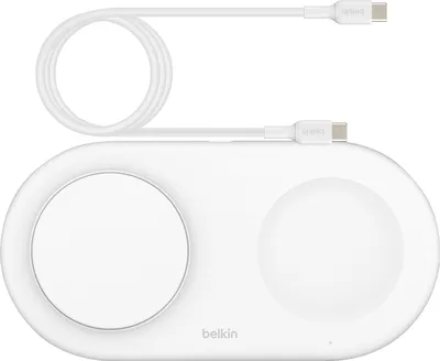 Image de Belkin, Station de recharge magnétique Qi2 double base Sans fil 15W, Blanc