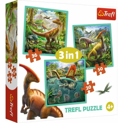 Produktbild von Trefl, Puzzle, Die außergewöhnliche Welt der Dinosaurier, von 20 bis 50 Teilen, 3 Sets, für Kinder ab 4 Jahren, 20x19,5cm