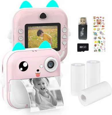Obrázok produktu pre Prenosný detský fotoaparát s okamžitou termálnou tlačou, 2,4" obrazovka, digitálny fotoaparát, selfie fotografie, HD video, termálna tlač bez atramentu s 32 GB pamäťovou kartou, 3 rolky bieleho tlačového papiera, čítačka kariet a hárok so samolepkami, vzdelávacia hračka, darček k narodeninám pre dievčatá, chlapcov, cestovanie na dovolenku