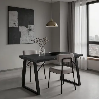 A modern dining room with a black dining table and chairs, a large abstract painting on the wall, and a large window with curtains.