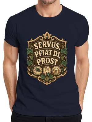 Produktbild von Servus Pfiat Di Prost Lustig Bayern Wiesn Trachtenshirt Lederhose Herren T-Shirt, Navy, XL